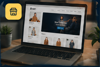 Merchant reviewing their online store on a laptop